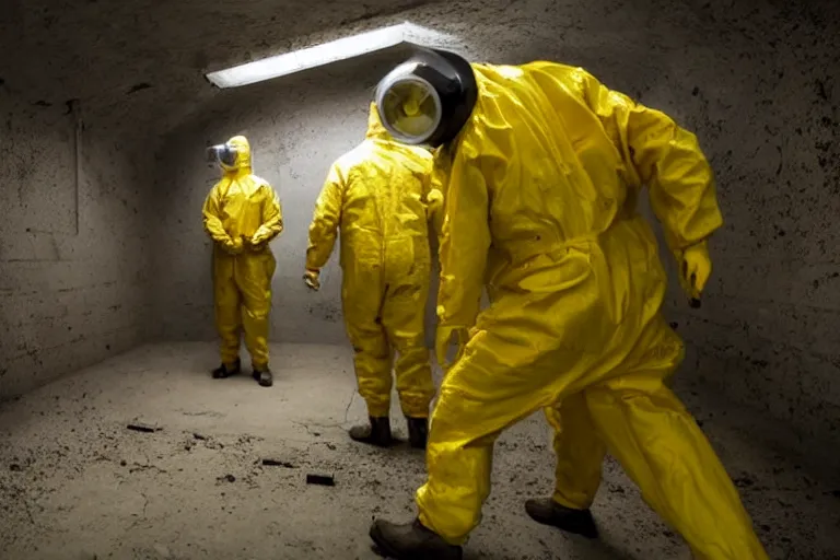 Prompt: a giant sci-fi horror meat monster in a creepy bunker science lab, a single man in a yellow hazmat suit looks on helplessly