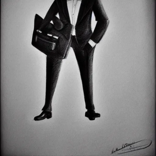 Image similar to 3D photorealistic pencil drawing of a cat in a suit with a briefcase on his way to work