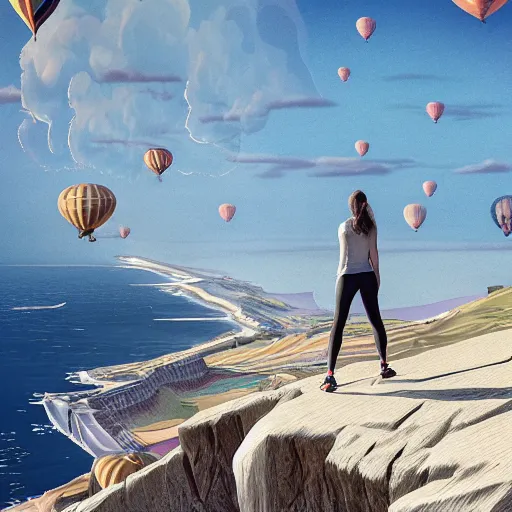Image similar to woman staring out over the cliffs of dover, beautiful sunshiney day, active wear, hot air balloon, incredible detail, vray rendering, high octane, trending on artstation, high level detail, concept art, cinematic masterpiece, fineline artistry