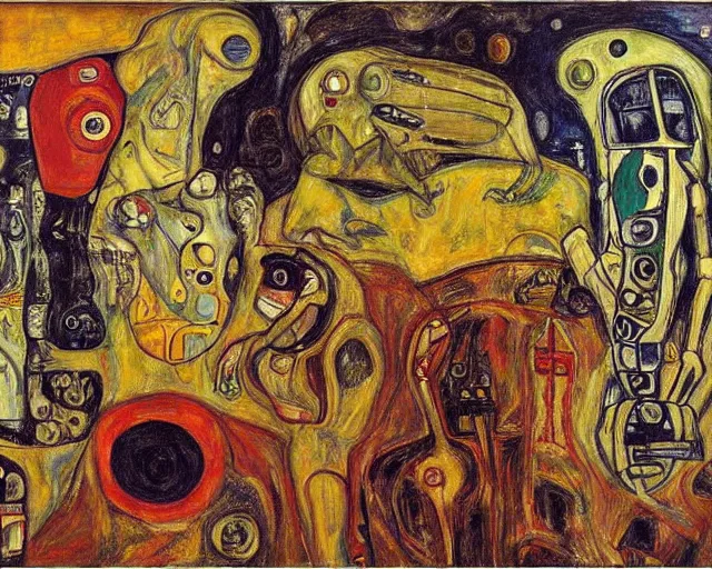 Prompt: a painting of a aliens and robots by graham sutherland, egon schiele, gustav klimt, edvard munch, expressionism