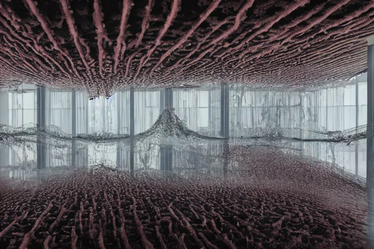 Prompt: surrealist office with a melting ceiling, sinister ceiling dripping down, liminal space, empty office, eerie, chromatic, cinematic, intricate coral infestation, 4k HD photography