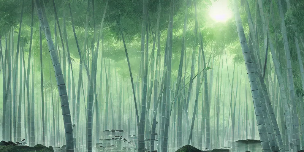 Image similar to misty japanese bamboo forest, cell shaded, lake, waterfall!!!!!, large rocky mountain, rule of thirds, sunny, cartoony, drawing, stylized anime, sun rays, soft, by hayao miyazaki, ghibli studio, makoto shinkai, toei animation, studio trigger, trending on artstation, 4 k, hd