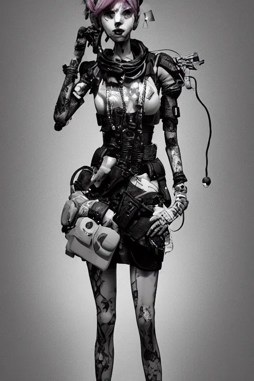 Image similar to an epic non - binary model, subject wearing a belt made out of computer mice, grungy, beautiful, intricate, black and white colors, with few pastel pink highlights, by jeremy mann and ilya kuvshinov, jamie hewlett and ayami kojima, trending on artstation, bold 3 d, octane render