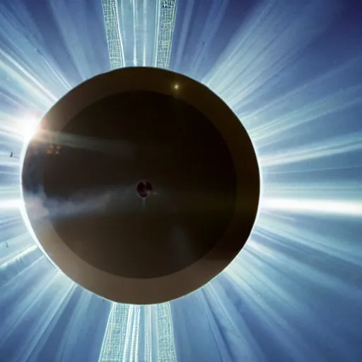 Image similar to the photo shows a large, silver disk - shaped object hovering in the sky above a mountain range. the object appears to be surrounded by a bright, glowing aura. there is no sign of any engines or propulsion system, and the object seems to be completely silent. the photo was taken by a professional photographer