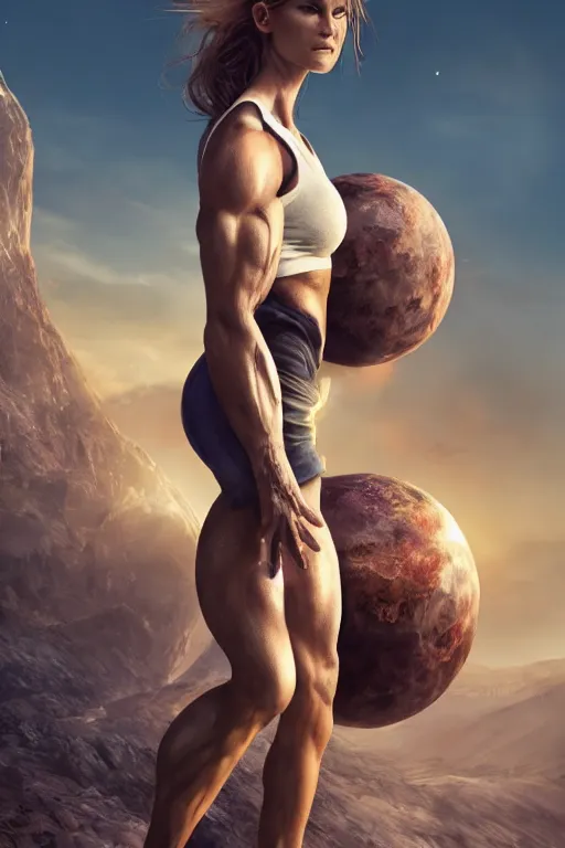 Image similar to a beautiful muscular woman wearing casual clothes carrying a giant planet Earth on her back, long hair, beautiful, hyperrealistic, concept art, octane render, unreal engine 5, trending on Artstation, high quality, 8K, soft lighting, trending on DeviantArt, highly detailed, high quality, digital art, anatomically correct, five fingers, desert in the background, path traced, complementary colors, natural lighting, epic image