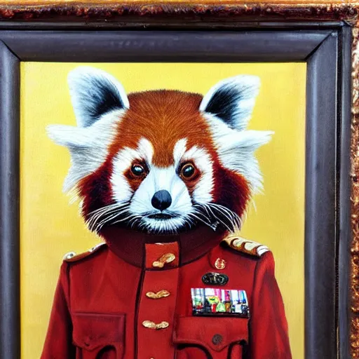 Prompt: oil painting of an anthropomorphic red panda in military uniform, amazing detail