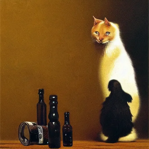 Prompt: a cat standing next to a bottle of medicine. the cat was orange in color and having fluffy fur. animal. by beksinski carl spitzweg and tuomas korpi. baroque elements. baroque element. intricate artwork by caravaggio. oil painting. award winning. dramatic. trending on artstation,