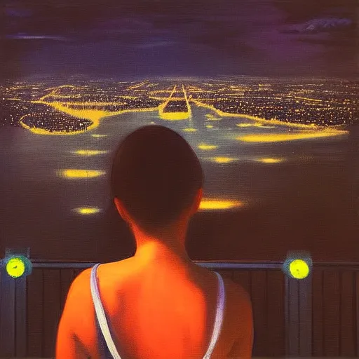 Image similar to “ a girl looking down at a futuristic new york city below, ghostpunk, neon lights, fog, storm clouds, rain, detailed face, oil painting, by edward hopper ”