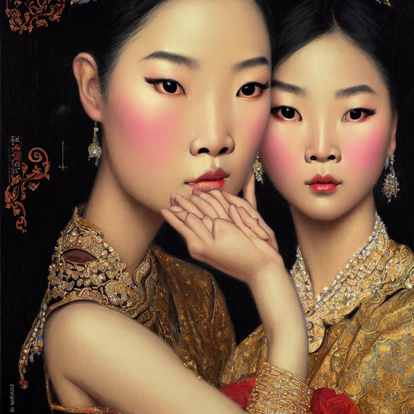 Image similar to close up portrait of the elegantly beautiful, sophisticated, slender rich vietnamese princess, imagining the rings of saturn. intricate eye detail focus, baroque, batik, by norman rockwell, range murata jeremy lipking, trending on pinterest, vivid 8 k sharp depth of field, pristine global illumination, smooth 3 d, wallpaper quality.