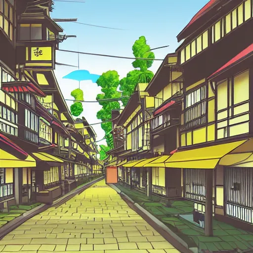 Image similar to japanese town, neighborhood, surreal neighborhood, street view, anime, modern neighborhood, japanese city, underground city, modern city, tokyo - esque town, 2 0 0 1 anime, cel - shading, compact buildings, sepia sunshine, yellow sunshine