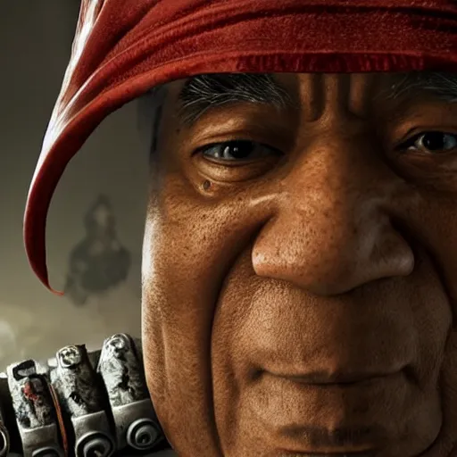 Image similar to asian!! bill cosby with conical hat in gears of war, splash art, movie still, cinematic lighting, dramatic, octane render, long lens, shallow depth of field, bokeh, anamorphic lens flare, 8 k, hyper detailed, 3 5 mm film grain