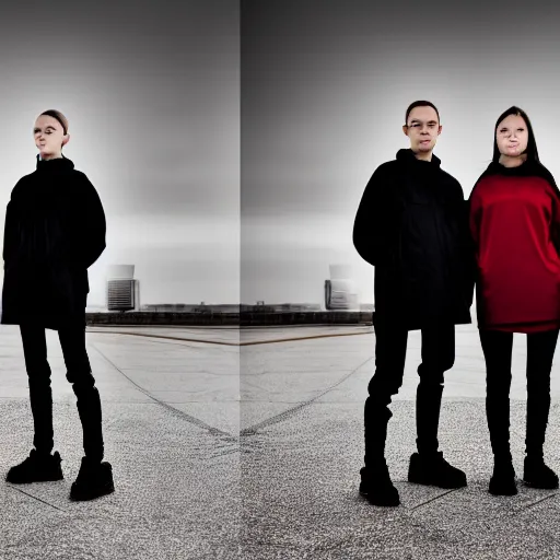 Prompt: photographic portrait of 2 clones in front of a brutalist metal building, 2 techwear women, on a desolate plain, red sky, black oversized clothes, sigma 8 5 mm f / 1. 4, 4 k, depth of field, high resolution, 4 k, 8 k, hd, full color