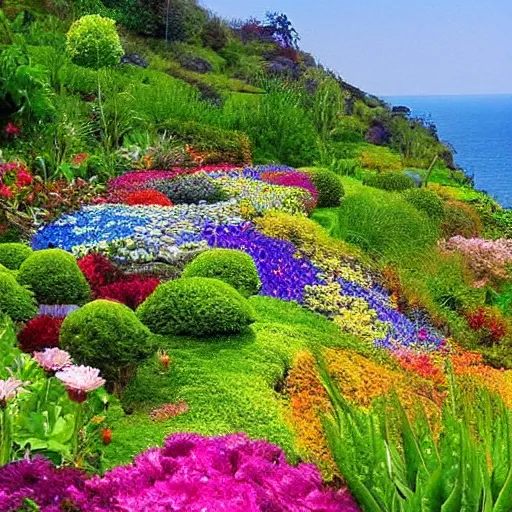 Prompt: a gorgeous garden on the edge of a cliff filled with beautiful flowers of all colors and from all around the world