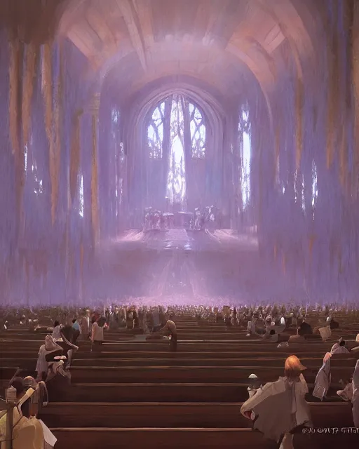 Prompt: craig mullins and ghibli digital matte art of a crowd in a futuristic church, priest, pews, ethereal, inviting, bright, unreal engine, hyper realism, realistic shading, cinematic composition, realistic render, octane render, detailed textures, photorealistic, wide shot