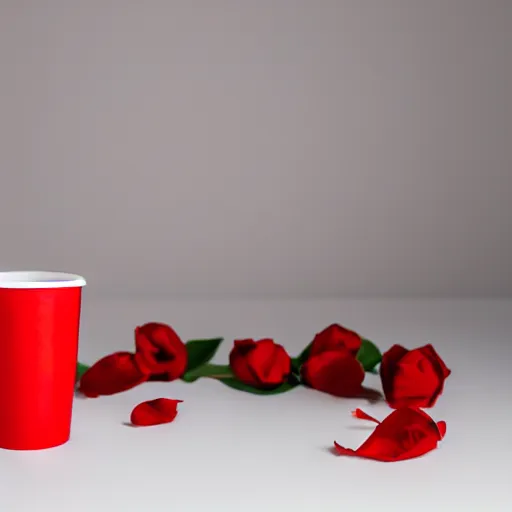 Prompt: an ultra high definition professional studio quality photograph of a red cup on a white plinth in an empty white room. dramatic lighting, shallow d. o. f, colour corrected, three point light.