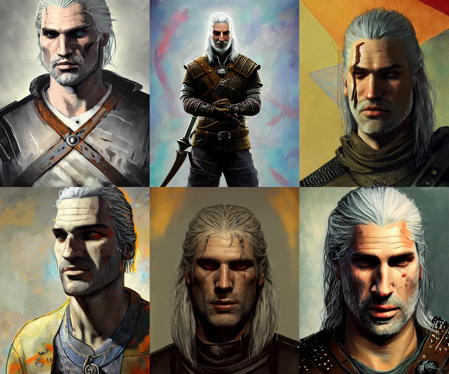 Prompt: portrait of geralt of rivia, in the style of disco elysium, expressionism, artstation, trending, by aleksander rostov, jenny saville, rembrandt, alex kanevsky, wassily kandinsky, dave mckean, yoshitaka amano