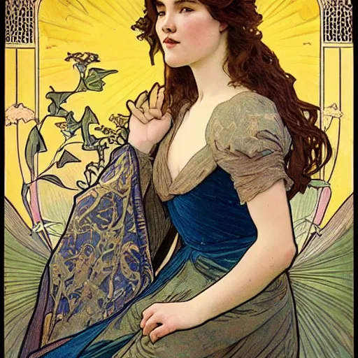 Image similar to florence pugh portrait by louis - theophile hingre and alphonse mucha, realistic, sharp focus, zodiac signs, tarot cards, planets, ethereal, art nouveau, magic, moon, sun, crown, dreamy, royal, jewellery