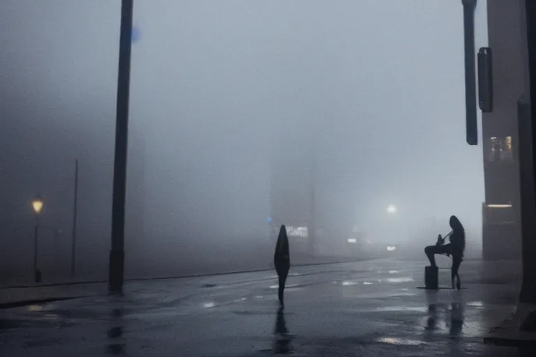 Image similar to vfx beautiful black woman photo real, sci-fi city street night lighting, rain and fog by Emmanuel Lubezki