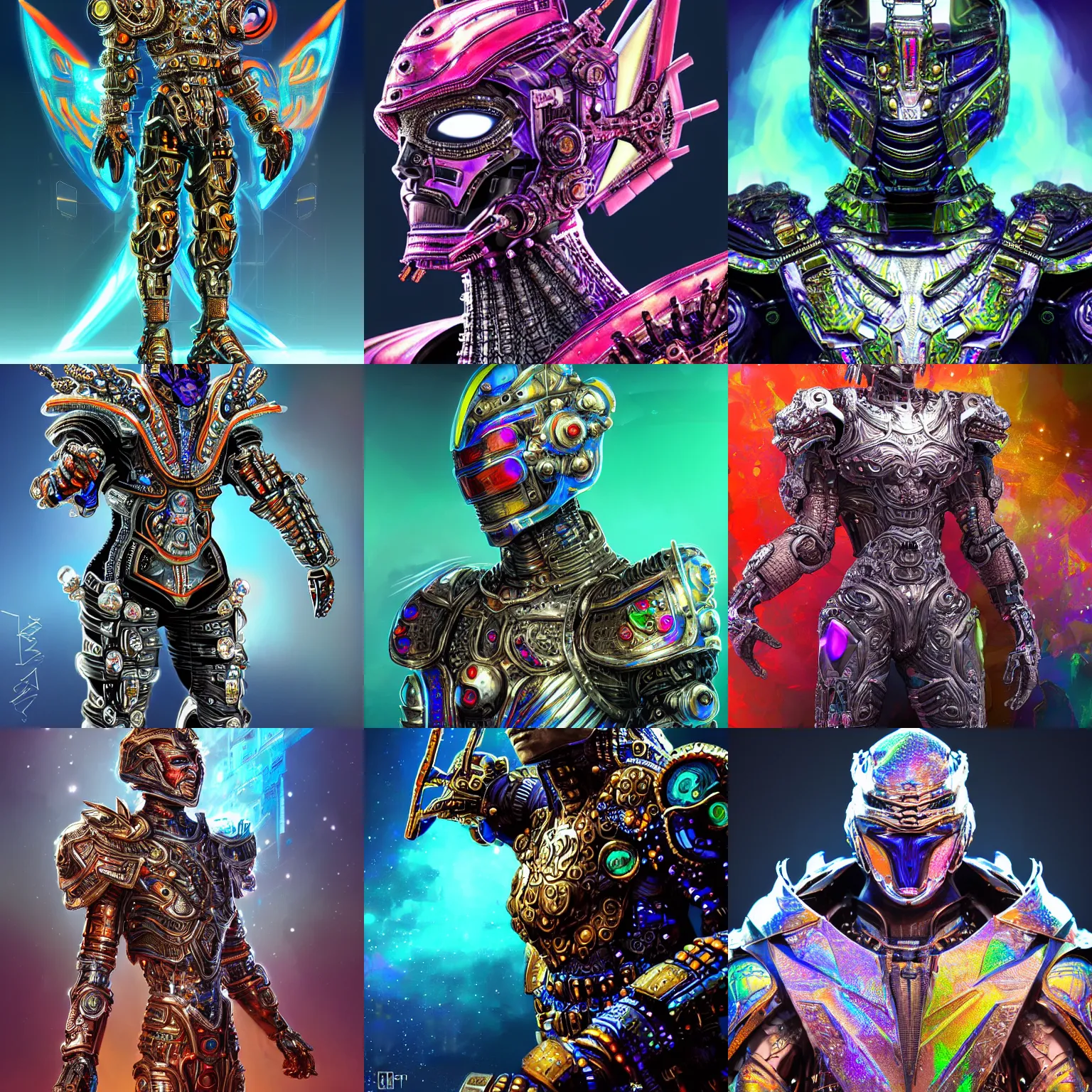 Prompt: A legendary warrior king wearing a partially cybernetic body, concept art, futurism, scifi, intricate sleek armor encrusted in iridescent microchips and ornate precious colorful crystals, highly detailed cybernetic body, iridescent, vivid colors, digital painting, artstation, concept art, smooth, sharp focus, illustration, award winning on artstation