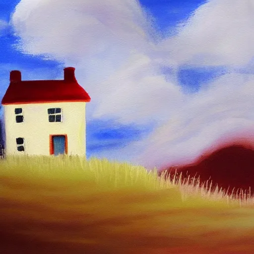 Image similar to a painting of a little house in the clouds