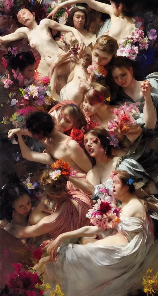 Prompt: top angle view, wide lens of multiple interracial females draped in rotten colorful flowery dress, dancing with each other, beautiful concept painting by caravaggio, ruan jia, jakub rebelka, artgerm, greg rutkowski, edgar maxence
