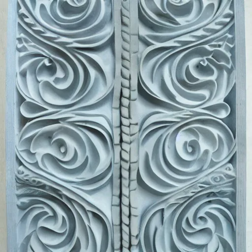 Prompt: fine details, thin swirls, fractal, twisty, carved soapstone relief paneling white and pale blue