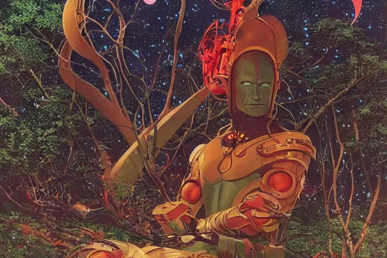 Prompt: 1979 OMNI Magazine Cover of a Druidic elf with armor by a cherry tree in Neo-Kyoto in cyberpunk style by Vincent Di Fate trending in r/reasonablefantasy