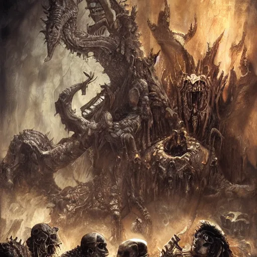 Prompt: jazz quartet in hell, intricate detail, royo, vallejo, frazetta, giger, whealan, hd, unreal engine,