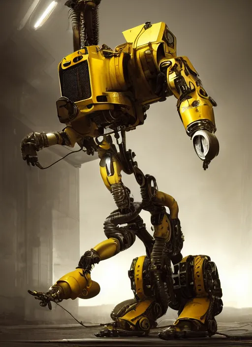 Image similar to a photorealistic dramatic hyperrealistic render of a futuristic exosuit power loader heavy machinery, ultra realistic details, glossy yellow, well worn, rust, oil stains by vitaly bulgarov and mike nash, beautiful dramatic dark moody tones and lighting, cinematic atmosphere, studio lighting, global illumination, shadows, dark background, octane render, 8 k