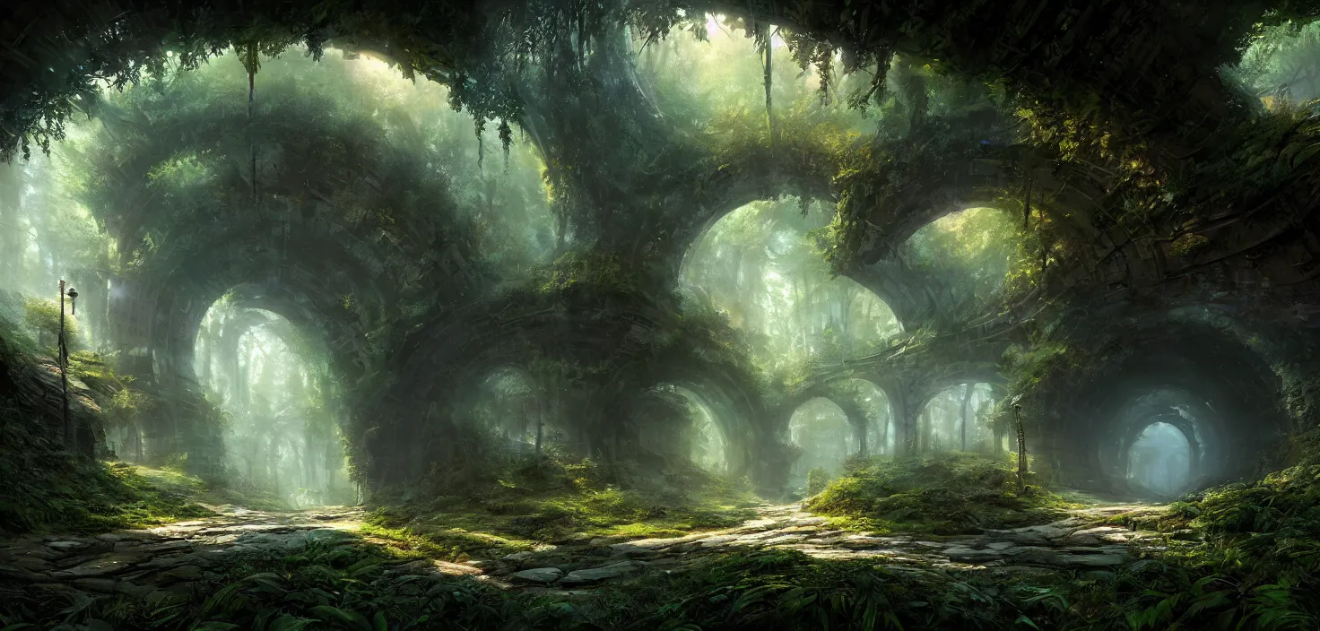 Image similar to tunnel in the middle of a forest, a matte painting by stephan martiniere, featured on cgsociety, fantasy art, matte painting, unreal engine 5, tesseract