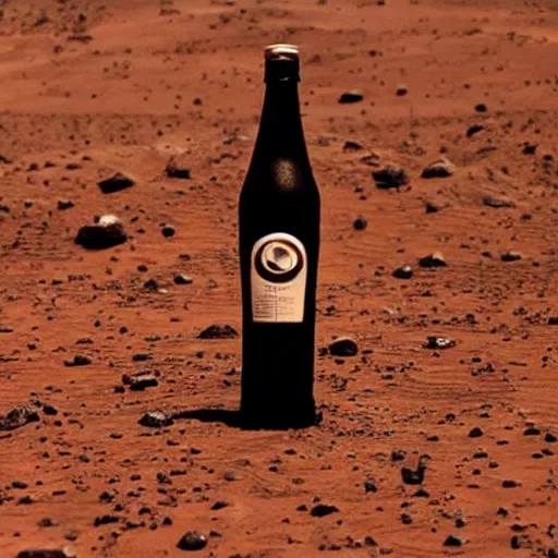 Prompt: symmetrical photo of bottle standing on mars