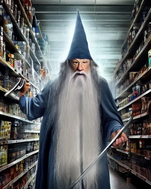 Image similar to gandalf wearing a wizard hat, stacking supermarket shelves, cinematic lighting, gloomy, depressing