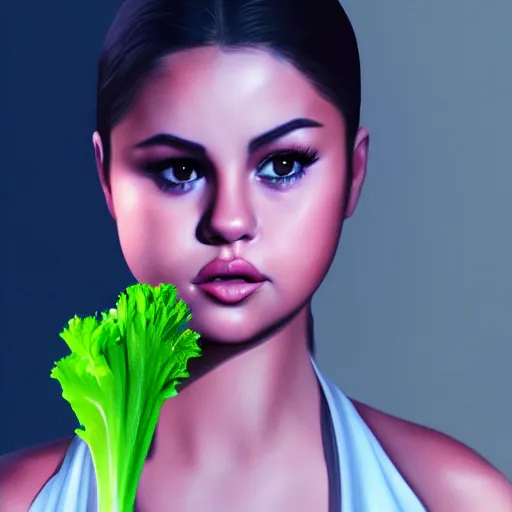 Prompt: photorealistic digital painting of selena gomez as celery, hd, artstation, 4 k wallpaper