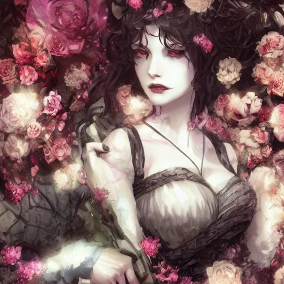 Prompt: goth christina hendricks and flowers, tankoban, 4 k, tone mapping, akihiko yoshida, james jean andrei riabovitchev marc simonetti, yoshitaka amano, long hair, curly, h. hydrochaeri