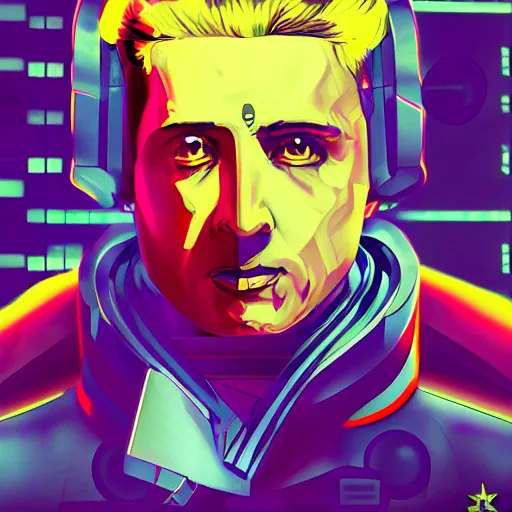 Image similar to cyberpunk volodymyr zelensky as the leader of a futuristic communist nation, cybernetics, sharp lines, digital, artstation, colored in