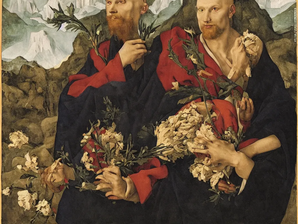 Prompt: Portrait of strange albino, blue-eyed man, blonde, in a monk robe holding wilted flowers in his arms. Thunderstorm, icy mountains in the background. Painting by Lorenzo Lotto, Otto Dix