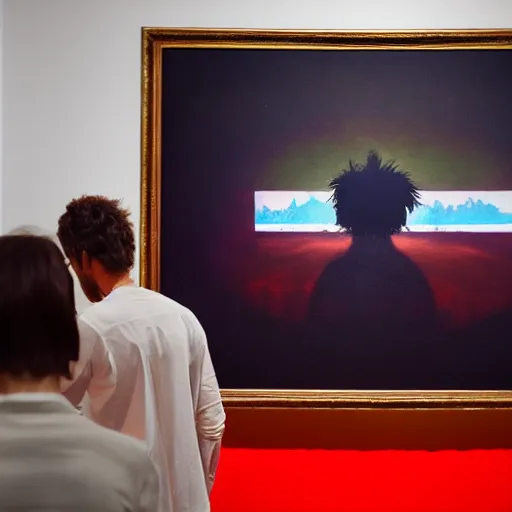 Image similar to art curator looking at a screen with a painting of an at field, hypnotic, on stage in the middle of a fashion show, in the style of grand chamaco and stanley kubrick, inspired by evangelion, photorealistic, epic, super technical, cinematic still