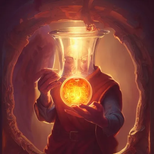 Prompt: man holding he's soul in a jar portrait, backlight, rim lighting, deep focus, d & d, fantasy, intricate, elegant, highly detailed, digital painting, artstation, concept art, matte, centered, sharp focus, illustration, hearthstone, art by artgerm, greg rutkowski and alphonse mucha