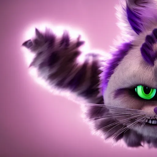 Image similar to full body pose, hyperrealistic photograph of the cheshire cat as a kitten, dim volumetric lighting, 8 k, octane beautifully detailed render, extremely hyper detailed, intricate, epic composition, cinematic lighting, masterpiece, trending on artstation, very very detailed, stunning, hdr, smooth, sharp focus, high resolution, award, winning photo, dslr, 5 0 mm