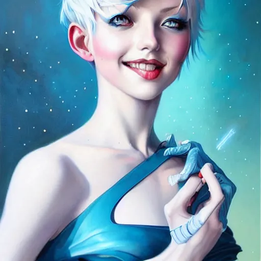 Image similar to a beautiful painting of a smiling woman with stylish short blue hair and sparkling blue eyes representative of the art style of artgerm and wlop and peter mohrbacher