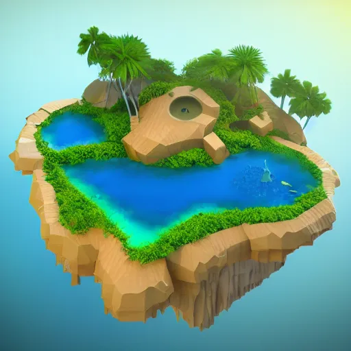 Image similar to a floating island on an aquatic environment isometric art, low poly art, game art, artstation, 3D render, high detail, cgsociety, unreal engine 5