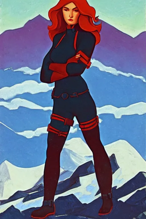 Image similar to black widow ( natasha romanova ) on mountains, marvel, artwork by nicholas roerich,