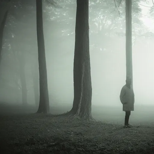 Prompt: an old photograph of a semi - transparent figure standing alone in a foggy forest, harsh lighting