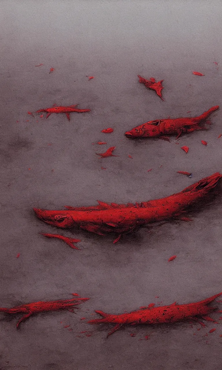 Image similar to dead river, dead fish, red color, highly detailed, 8 k, artstation, beutifull, masterpiece by beksinski