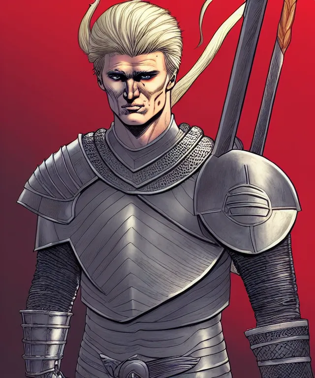 Prompt: a ( fantasy comic ) ( cover art ) portrait of a valiant knight who looks like ( young dolph lundgren ), digital illustration by jenny frison and sana takeda and kentaro miura, fine inking lines, dnd, highly detailed!, hd, 4 k, trending on artstation