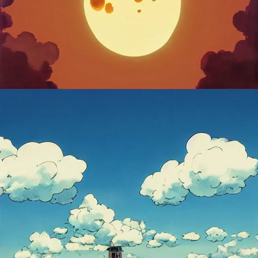 Image similar to atomic nucleus surrounded by clouds, energetic hope, studio ghibli