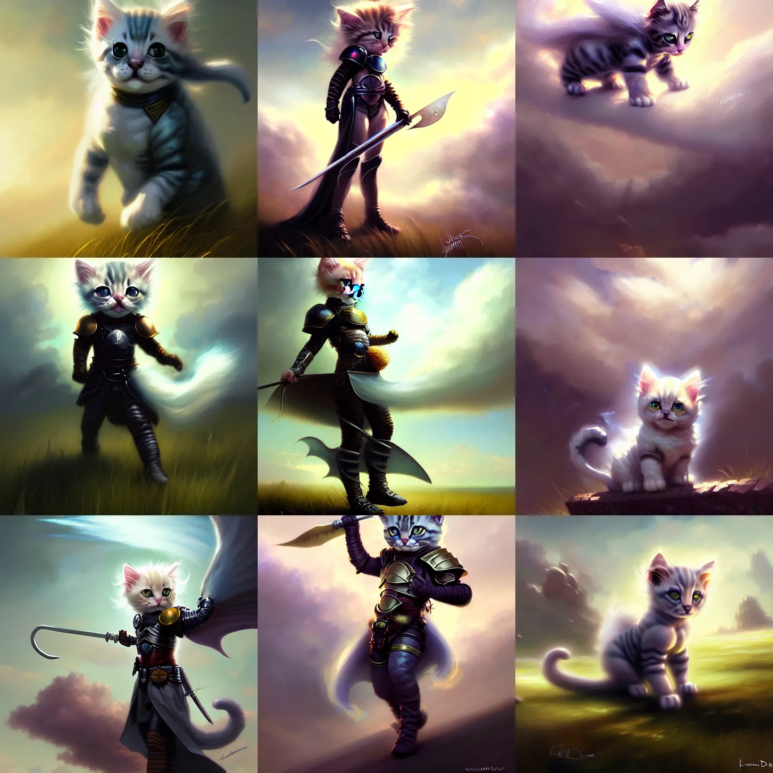 Image similar to Cloud Champion Kitten knight roaming the windswept field dave dorman edson campos christopher young jeff simpson allison carl hiro izawa paul chadeisson, epic fantasy, digital painting