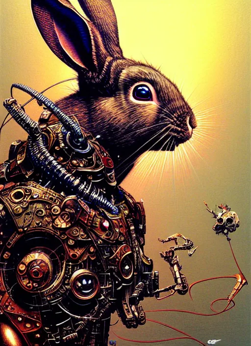 Prompt: detailed image of cyborg rabbit by Ayami Kojima, Amano, Karol Bak, Greg Hildebrandt, and Mark Brooks, rich deep colors. Beksinski painting, part by Adrian Ghenie and Gerhard Richter. art by Takato Yamamoto. masterpiece . intricate artwork by Tooth Wu and wlop and beeple, greg rutkowski, very coherent symmetrical artwork, cinematic, hyper realism, high detail, octane render, unreal engine, 8k, Vibrant colors, Smooth gradients, High contrast, depth of field. by Katsuhiro Otomo, full body character drawing, inspired by Evangeleon, clean ink detailed line drawing, intricate detail, extremely detailed. painting by Arthur Rackham, Eugene de Blaas, Frederic Leighton