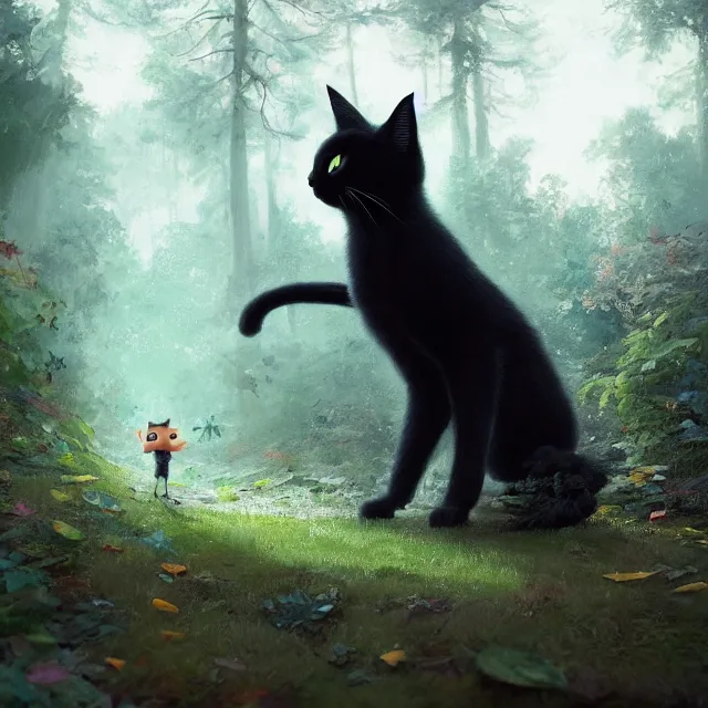 Image similar to a beautiful painting of a single cute black cat in a forest. pixar character design by cory loftis, fenghua zhong, ryohei hase, ismail inceoglu and ruan jia. artstation, volumetric light, detailed, photorealistic, rendered in octane