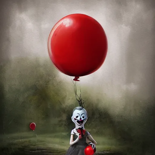 Image similar to grunge cartoon landscape painting of bilie eilish with a wide smile and a red balloon by - michal karcz, loony toons style, pennywise style, horror theme, detailed, elegant, intricate